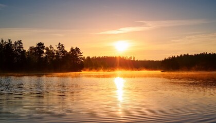 Obraz premium Gentle ripples on a lake at sunrise, with soft golden light reflecting off the calm surface, creating a serene and peaceful atmosphere