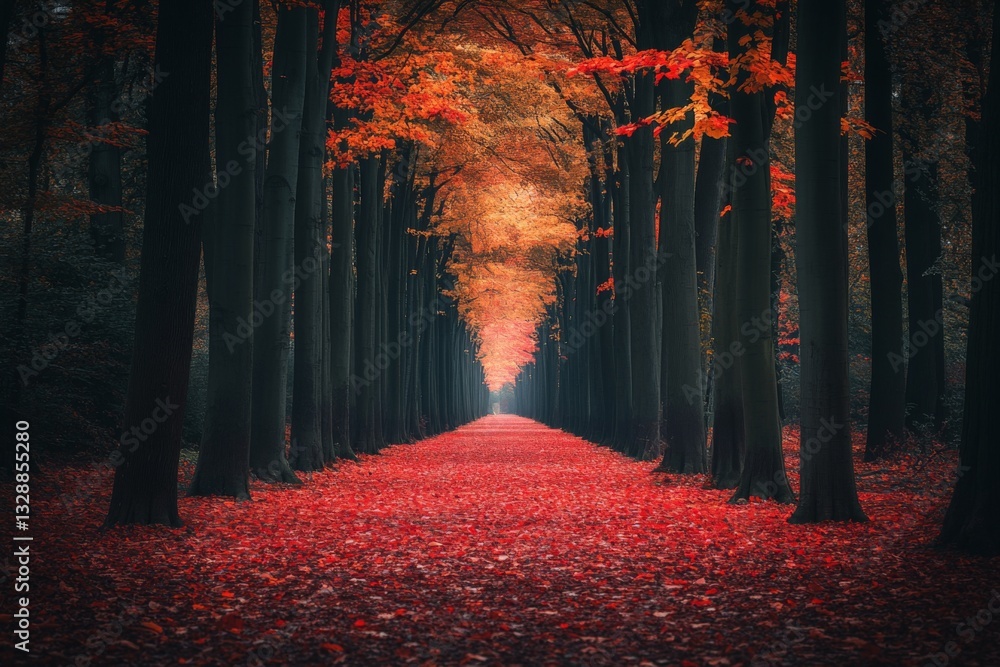 Poster vibrant autumn pathway lined with red and orange leaves in a tranquil forest setting