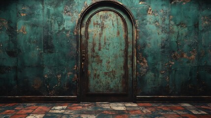 Mysterious Teal Room Aged Doorway Intriguing Composition. AI Generated
