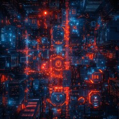 Obraz premium an aerial view of futuristic cityscape with neon lights at night