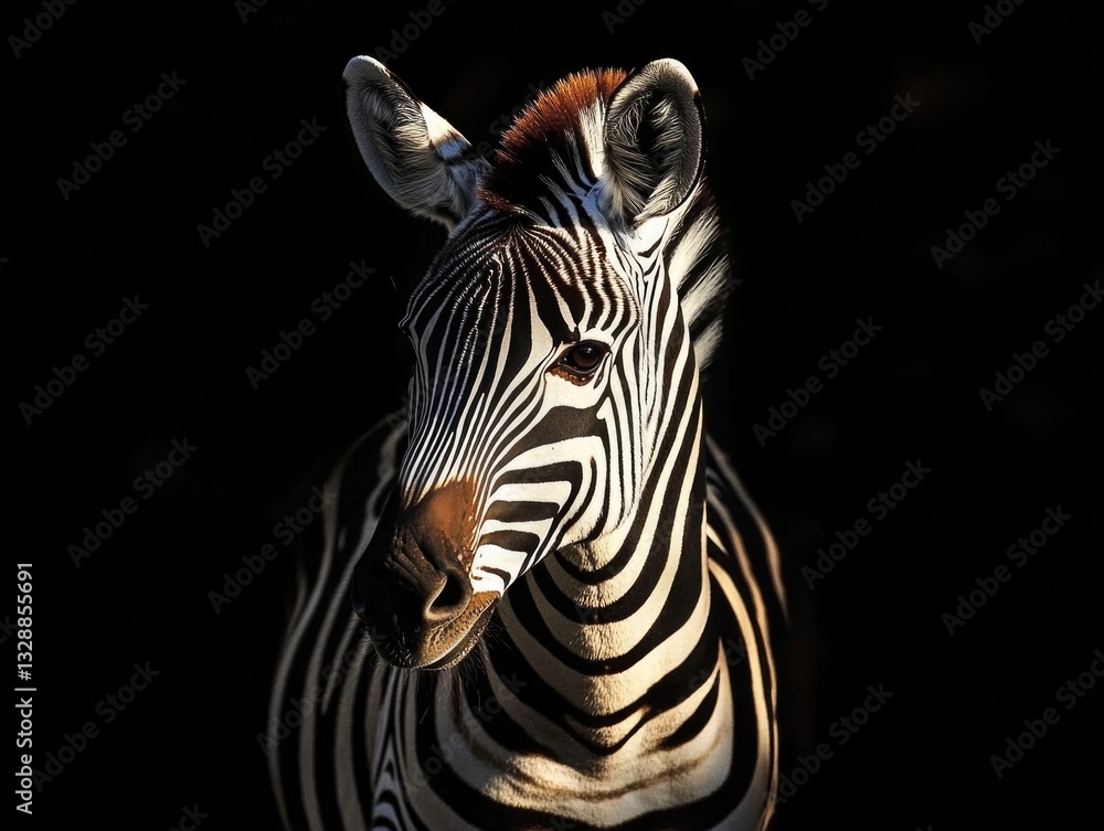 Poster a close-up shot of a zebra's face in low light conditions