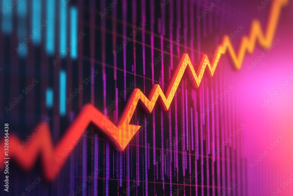 Poster financial market data showing a positive upward trend over time with colorful graphics and bars indi