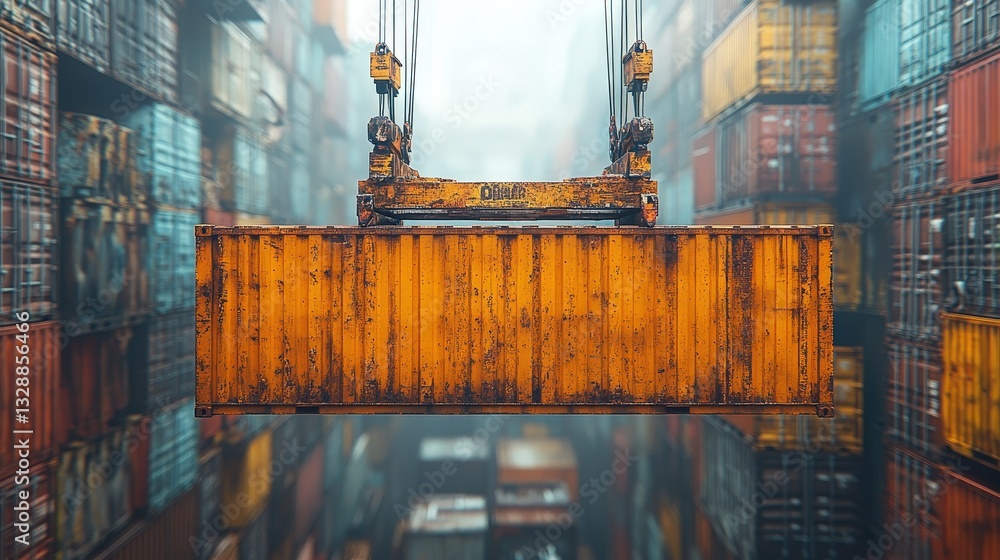 Poster a crane lifts a large shipping container amidst a colorful array of stacked containers in a busy shi