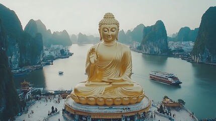 Fototapeta premium Golden Buddha overlooks serene bay