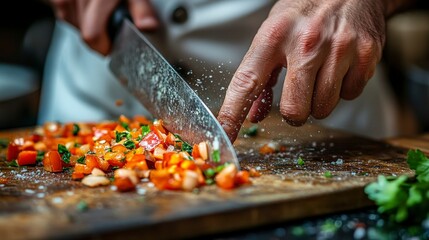 Kitchen chef accidentally cuts hand while preparing fresh ingredients restaurant kitchen culinary demonstration close-up view