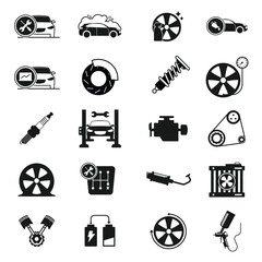The image contains a collection of black and white car service and maintenance icons. These icons represent various automotive-related concepts