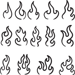 Flames set collection fire burn symbol design elements - simply sketch line style - for icon, sign, symbol, asset, tattoo design