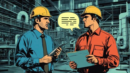 Heated argument between factory manager and technician in industrial setting business discussion conflict resolution