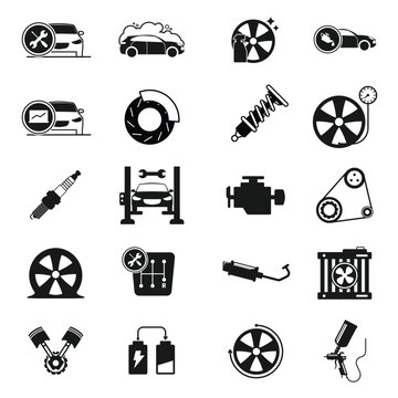 The image contains a collection of black and white car service and maintenance icons. These icons represent various automotive-related concepts