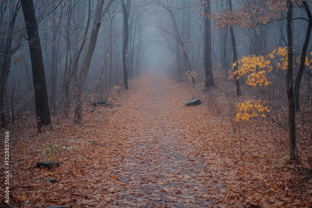 Poster Misty autumn forest path surrounded by fallen leaves and trees in a tranquil setting