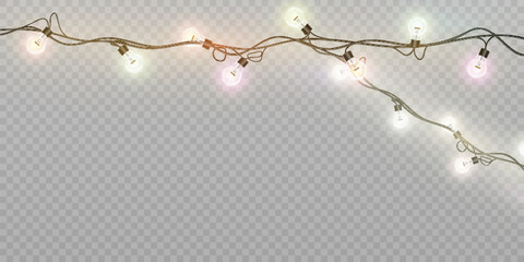 Bright lights of Christmas garland isolated on transparent background. New Year and Christmas decoration for design and illustrations.