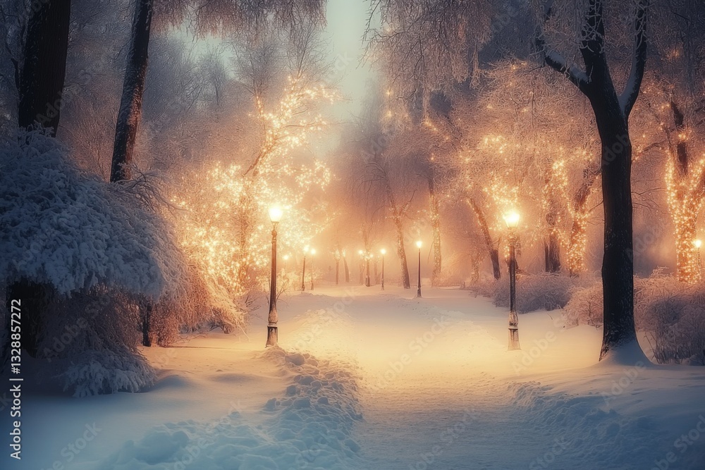 Poster enchanted winter path illuminated with glowing lights amidst fresh snow at twilight