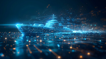 Futuristic digital rendering of a sleek ship navigating through a vibrant, glowing sea of data