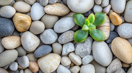 A calming arrangement of pebbles and sand with a single green plant. picture