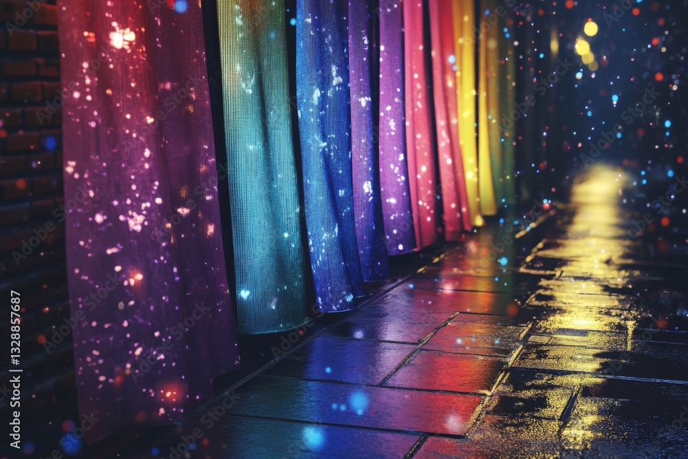 Poster vibrant colors reflected on wet pavement at night, creating a magical atmosphere in an outdoor setti