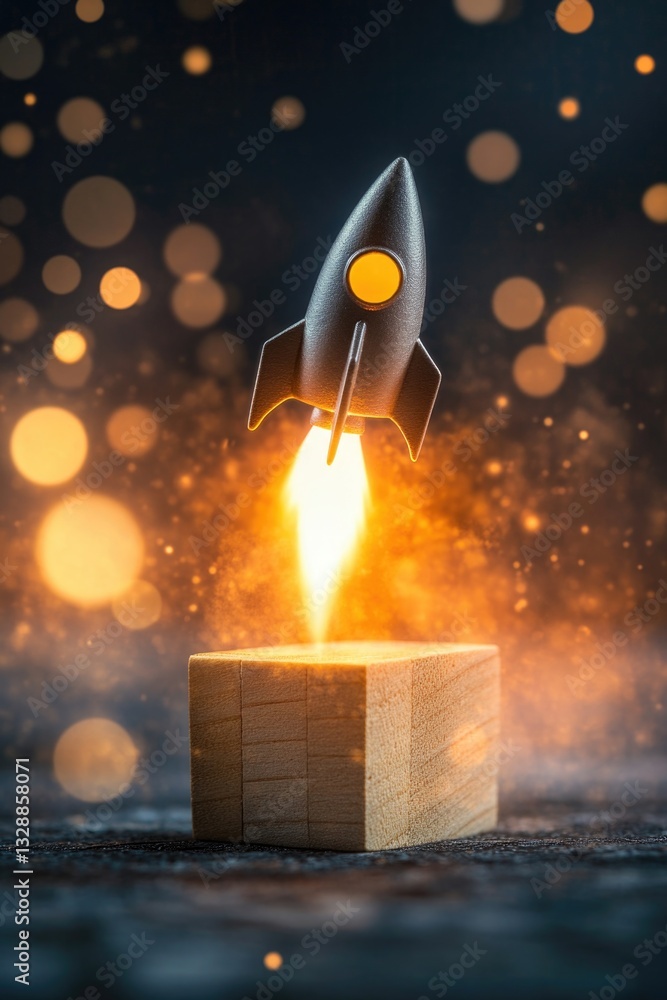 Poster a wooden block with a rocket blasting off from it, perfect for use in educational or technological s