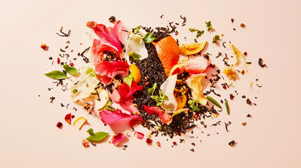 Fresh floral tea art with vibrant dry leaves for creative design