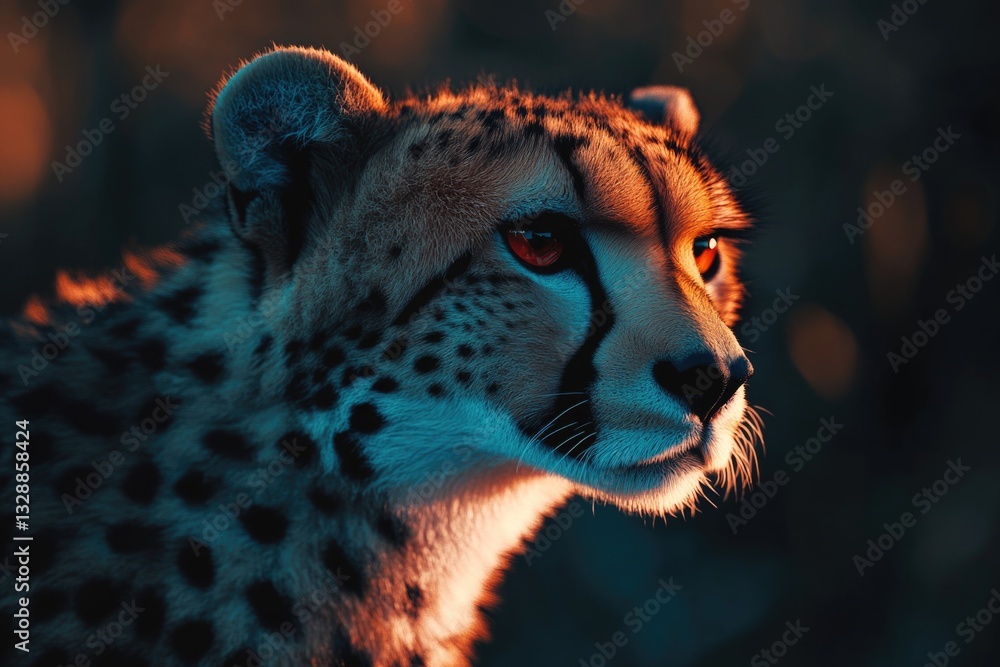 Poster a close-up view of a cheetah's facial features, with distinctive markings and eyes