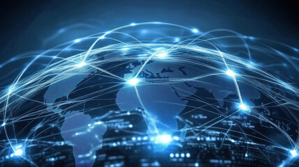 A digital illustration depicts the interconnectedness of the world through glowing lines representing data flow between continents. The visual emphasizes global communication