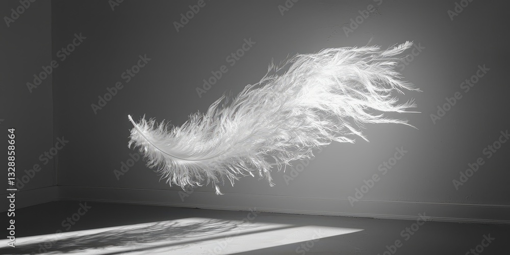 Poster ethereal white feather floating in soft light on minimalist background