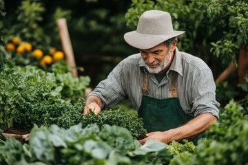 Gardener tending to fresh greens in rural garden during daylight hours