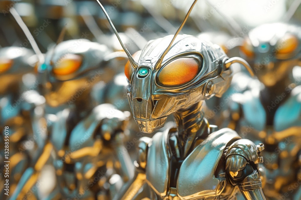 Poster Display of futuristic robot figures with glossy metallic surfaces and vibrant eyes in an industrial setting during daylight