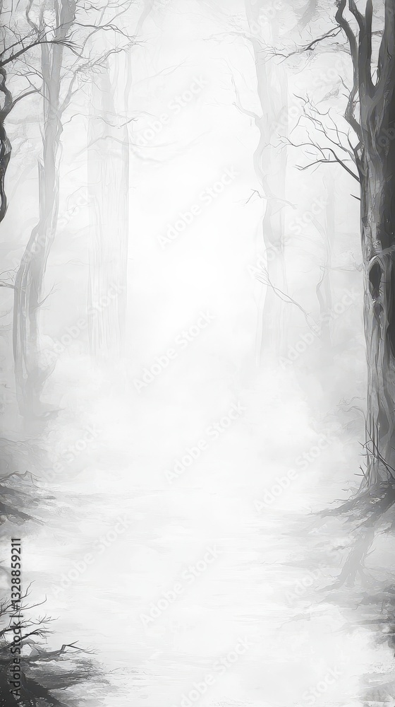 Poster ethereal misty forest path through foggy trees and shadows
