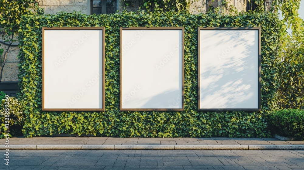 Poster three empty frames surrounded by lush green ivy on a sunny day, creating a natural and inviting back