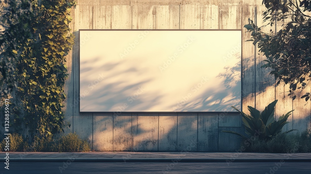 Poster a blank billboard is surrounded by greenery, casting shadows on a concrete wall, creating a serene y