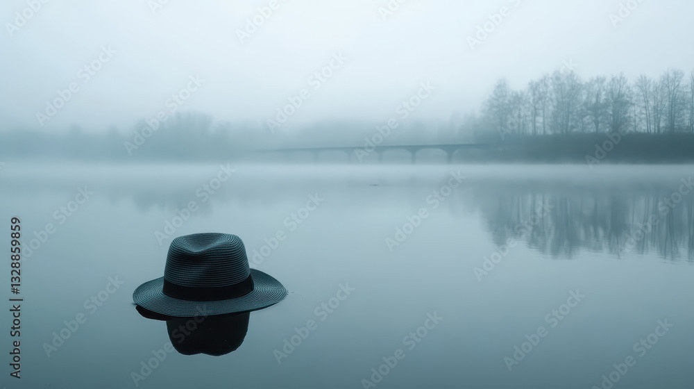 Poster mysterious hat floating in foggy lake with calm reflection