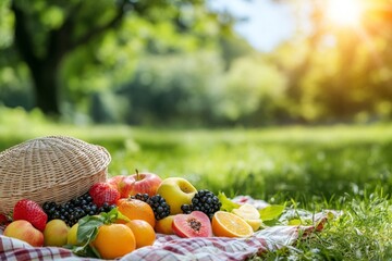 Fresh fruit picnic on a sunny day in a green park with a wicker basket and colorful fruits on a blanket