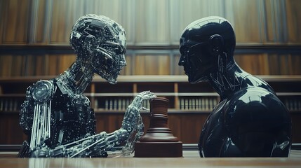 Two robots sitting at a table engaging in a serious discussion about legal matters and future of law