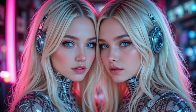 Cyberpunk Twins: Futuristic Blonde Women in Neon Light - Powered by Adobe