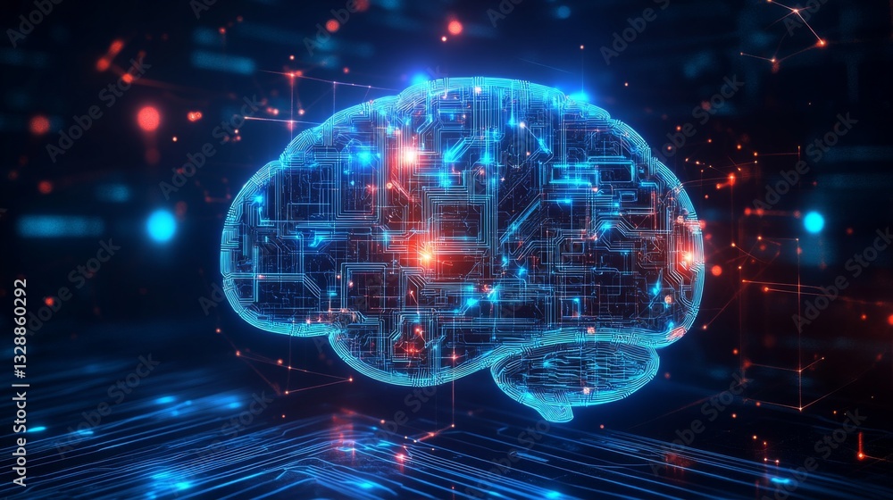 Poster an artistic depiction of a human brain made of interconnected digital circuits and glowing lines, sy