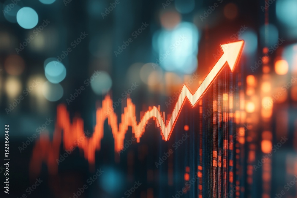 Poster Financial data representation showing a rising trend with orange and blue elements in a modern setting