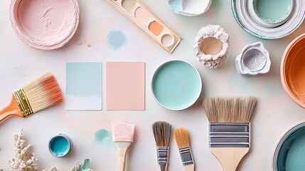 Fototapeta premium A flat lay of color swatches, paintbrushes, and interior design sketches on a light surface. picture