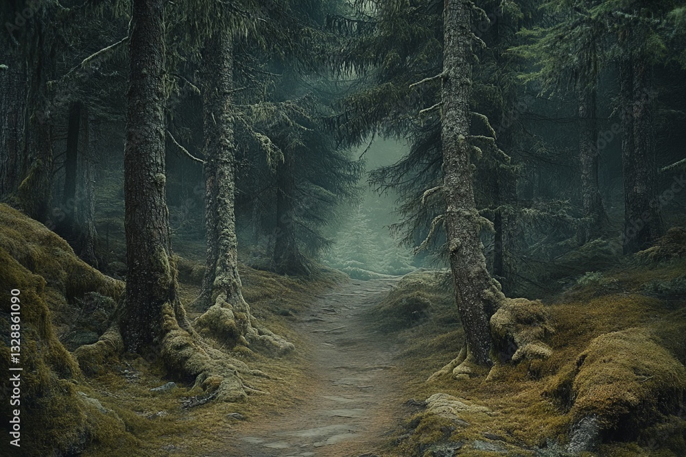 Aufkleber mysterious forest pathway leading into dense trees under soft light during early morning hours