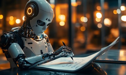 Robot engaged in writing assignment on paper as a symbol of ai cheating for students in educational settings