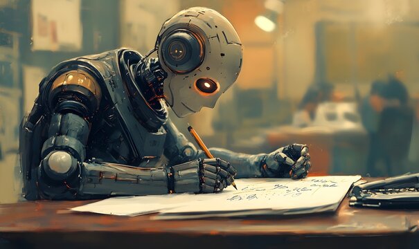 Robot engaged in writing assignment on paper as a symbol of ai cheating for students in educational settings