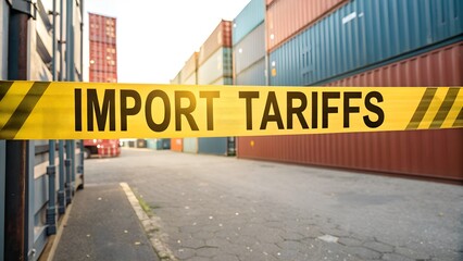 USA, United states of America Import Tariffs: A symbolic depiction of import tariffs with caution tape in front of a stack of shipping containers, representing the impact on trade and economy