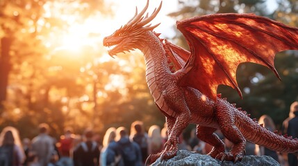 Majestic red dragon statue at sunset.