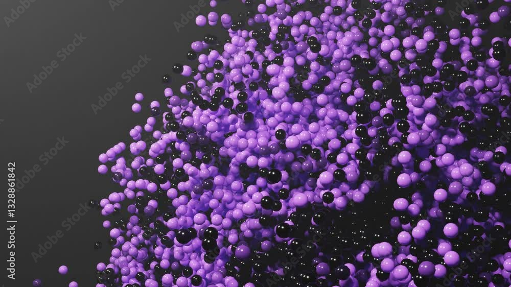 Poster 3d rendering of abstract art particle loop animation with 3d particle in purple and black color