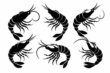 shrimp set line art silhouette vector illustration