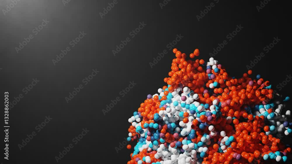 Poster 3d rendering of abstract art particle loop animation with 3d particle in orange, white, and blue col