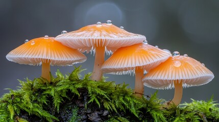 Fototapeta premium Three orange mushrooms with dew drops on moss.