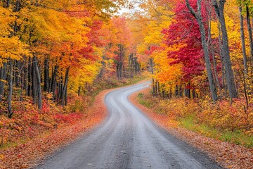 Fototapeta premium Colorful autumn foliage along a winding road in a serene wooded area during peak fall season