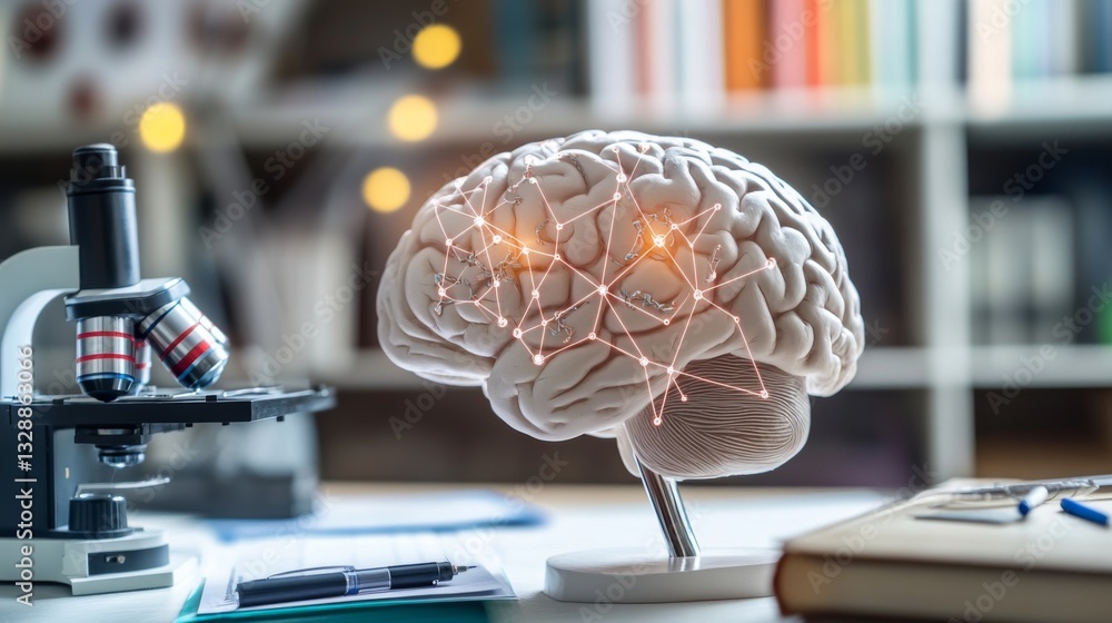 Poster an image of a brain model with various neurological connections highlighted, placed on a desk with e