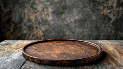 A circular wooden serving tray rests on a weathered table. The textured backdrop adds warmth and character, enhancing the natural aesthetics of the scene