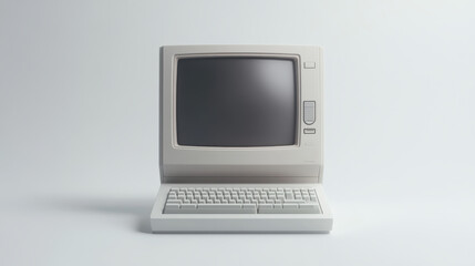 A retro-styled computer with a boxy monitor and a classic keyboard sits on a minimalist light-colored background. This setup highlights the nostalgic design of 1980s technology