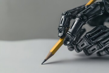 A close-up of a bionic prosthesis robot hand gripping a pencil writing in a notebook with precision and control